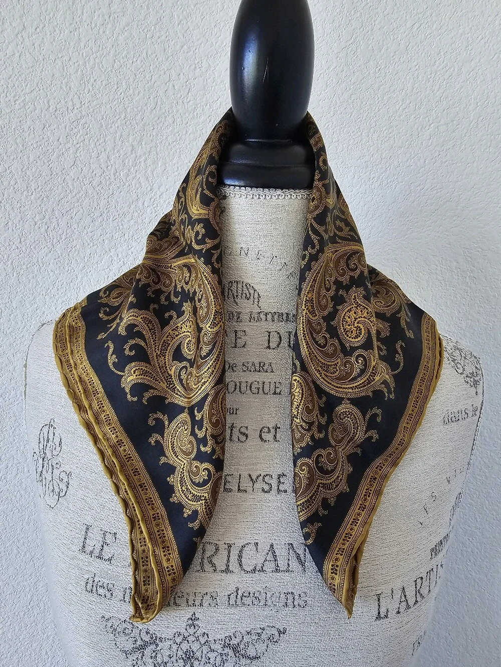 ​Vintage Black & Antique Gold Baroque Paisley Silk Neckerchief (18.5